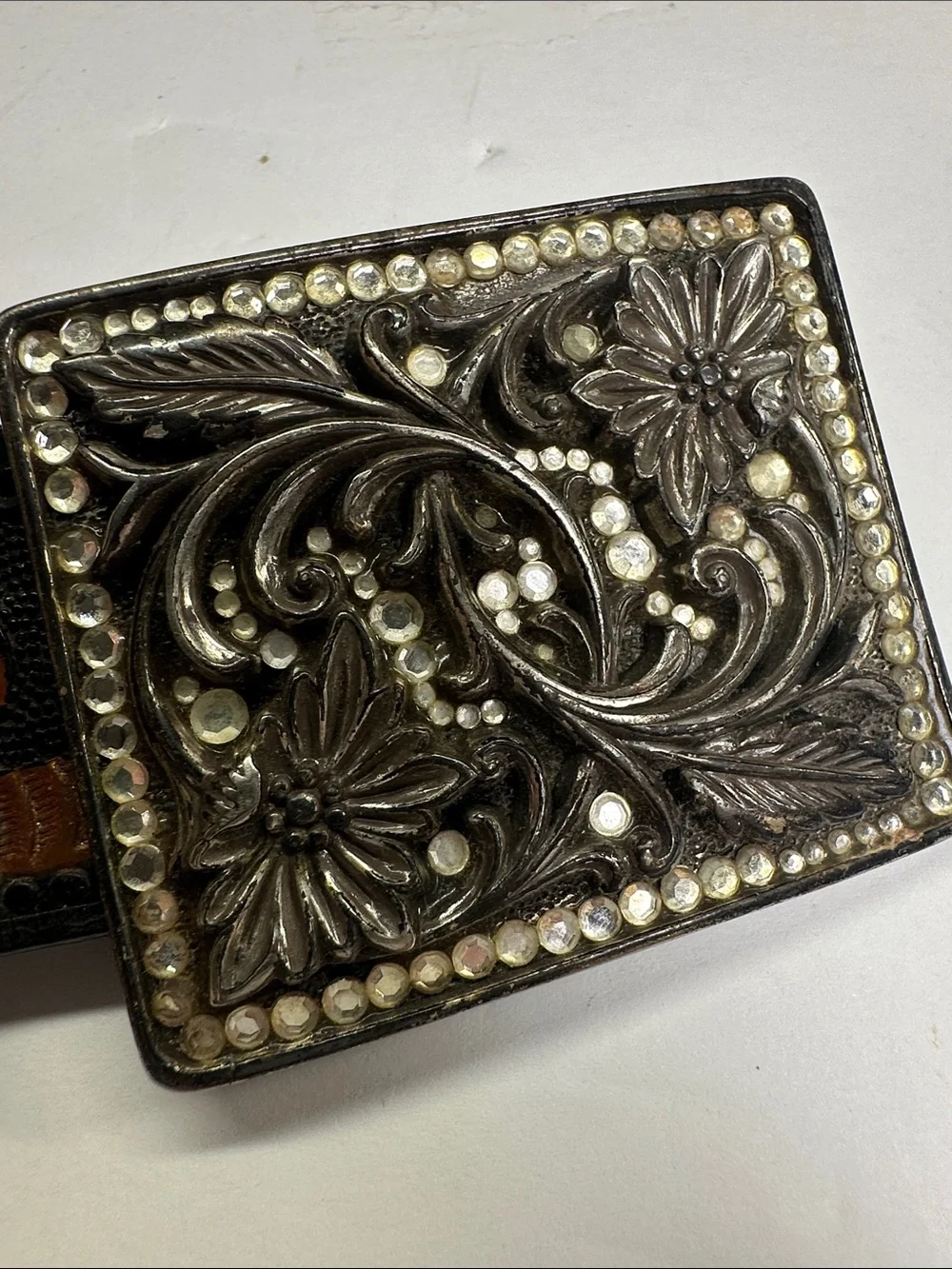 Vintage Nocona Leather Floral Belt With Studs & Rhinestones, Multicolor Flowers